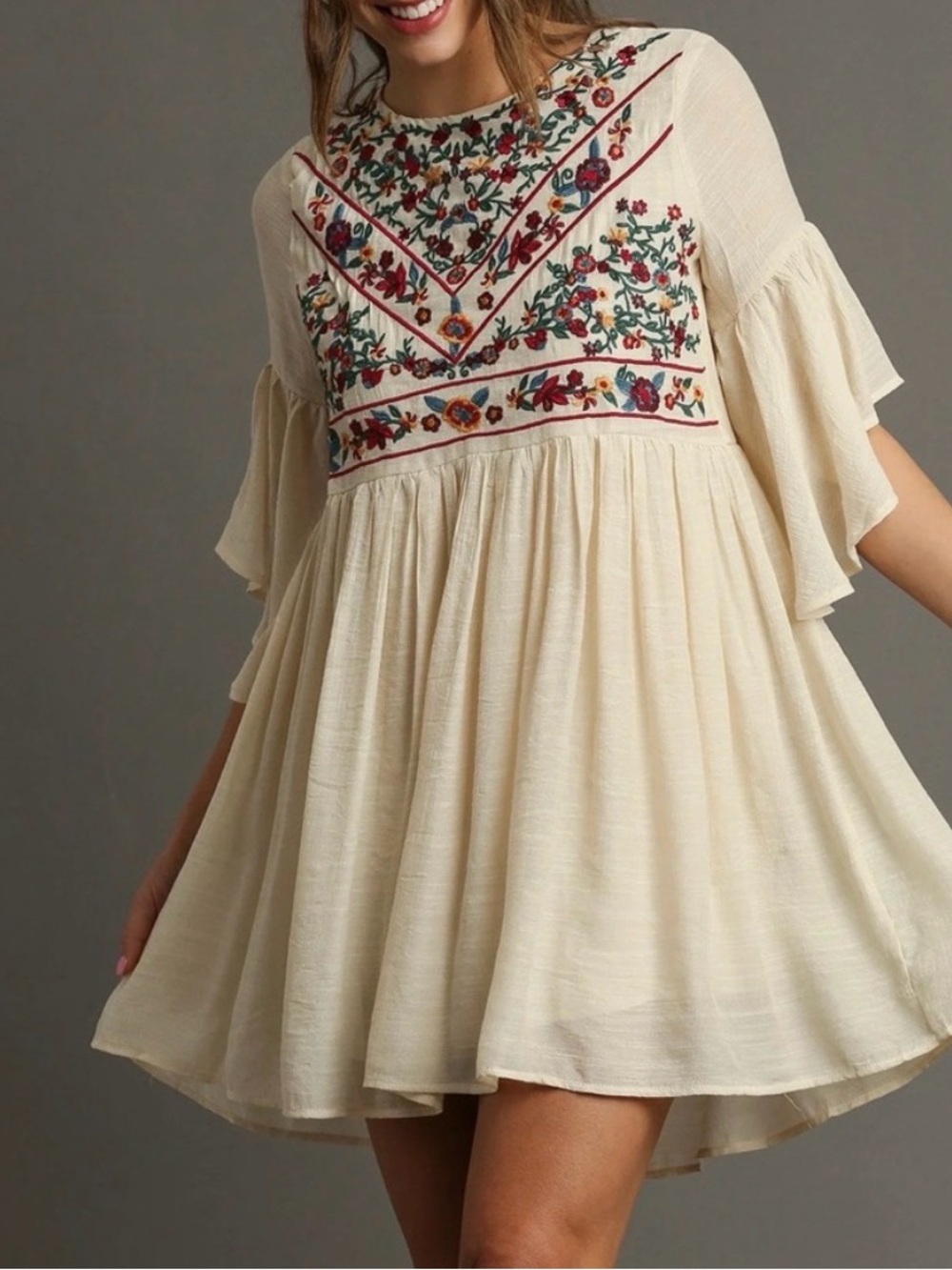 Umgee bailee Ivory Floral Embroidered Boho Mini Dress size Small Cottagecore